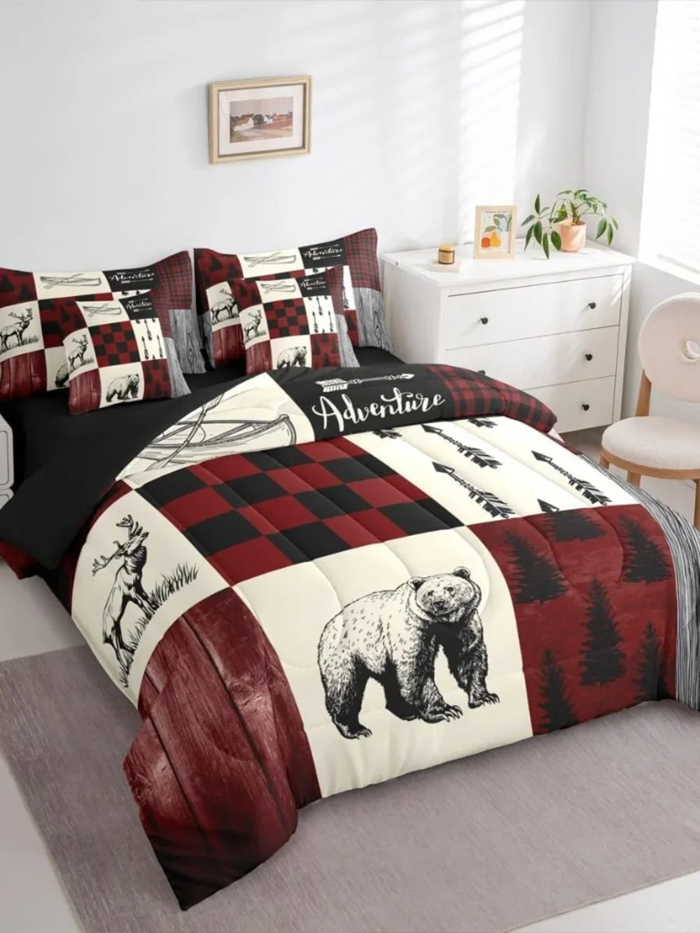 Country Rustic Twin Comforter Set 7 Piece,Farmhouse Plaid Checkered Bedding with